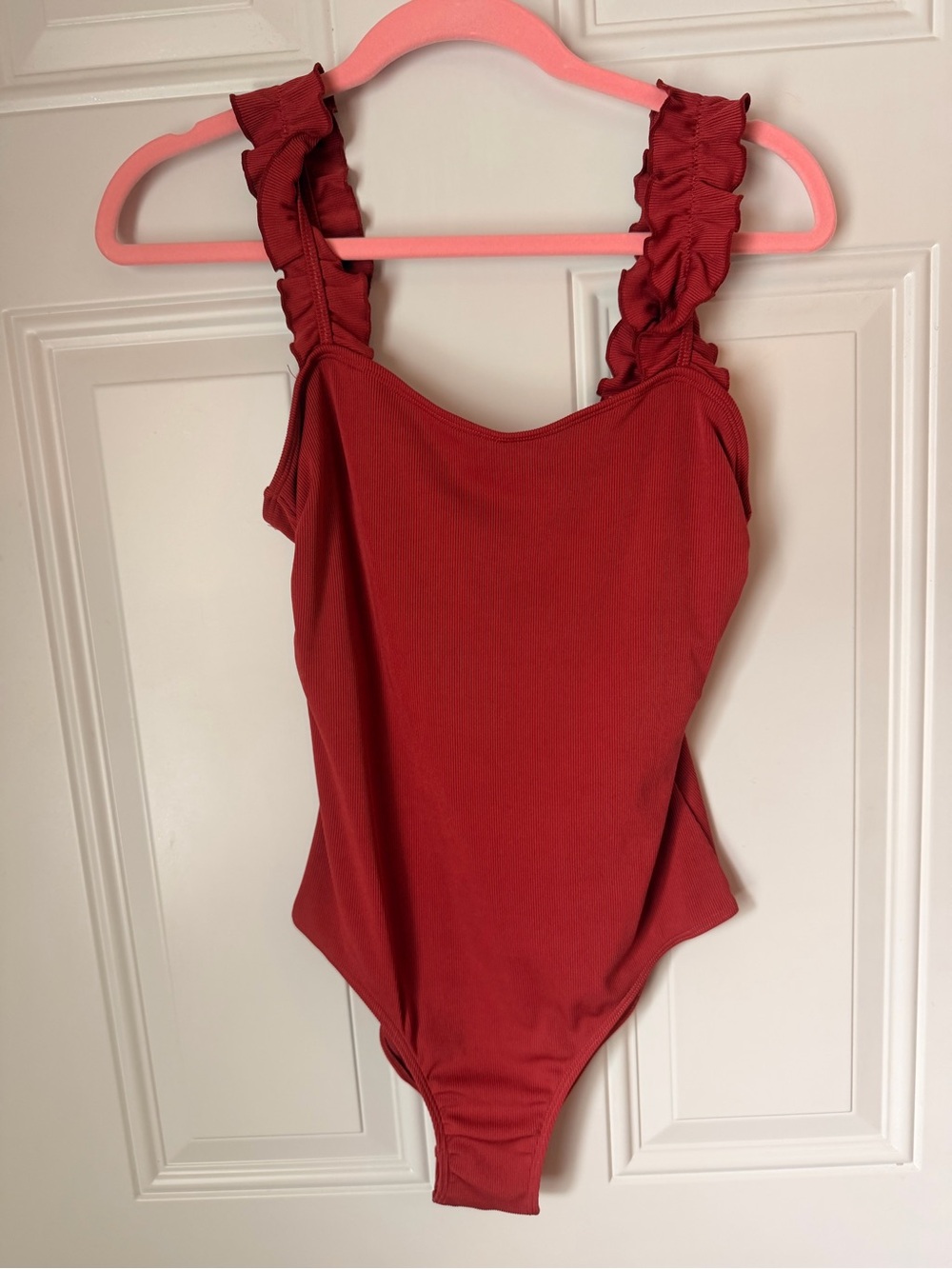 Source Unknown Ruffled Strap Bodysuit in Deep Red